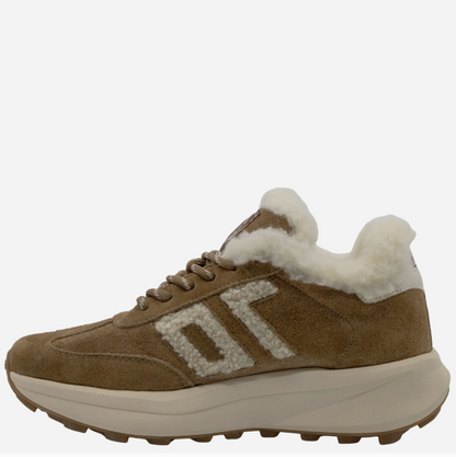 A brown suede and shearling-lined Back 70 sneaker with a thick cream-colored midsole and a large textured cream logo on the side, shown against a plain light gray background.