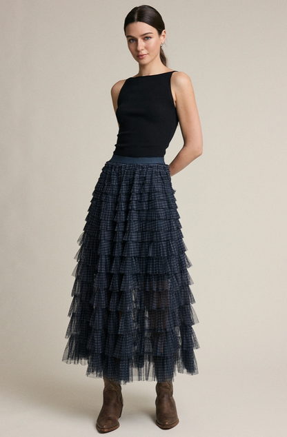 Plaid Mesh Ruffle Maxi Skirt