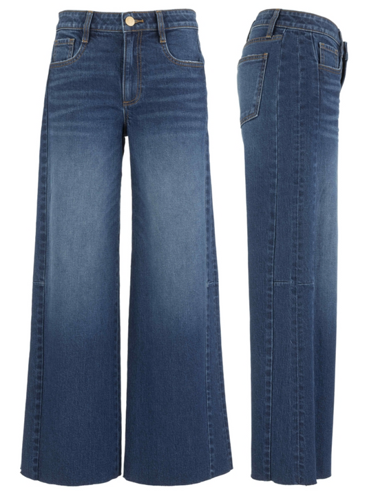 Kut Meg High Rise Raw Hem Jean in Curator wash with a full wide‑leg silhouette.
