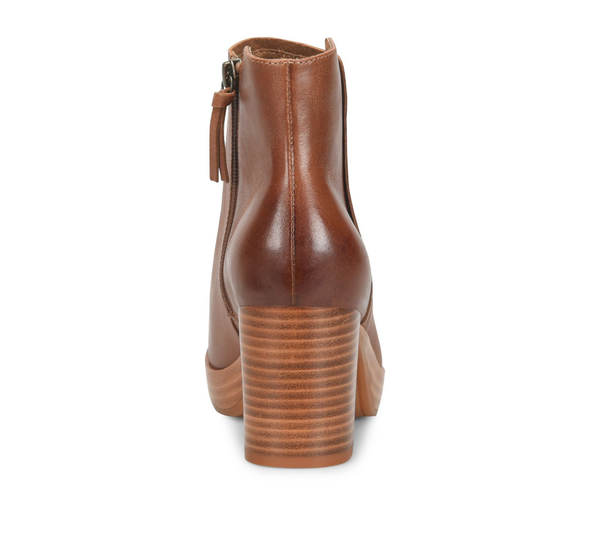 A Sofft Kendall brown leather ankle boot with a stacked block heel and side zipper, shown from a rear three-quarter view on a white background.