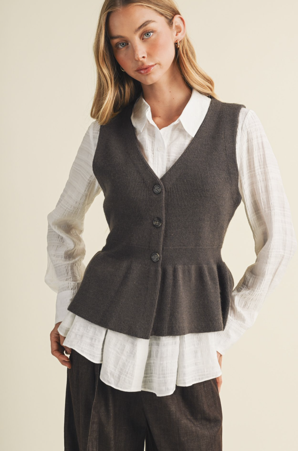 Rib Knit Peplum Button Front Vest