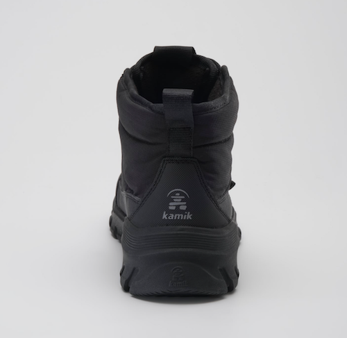 A Kamik Snowdon black mid-calf tactical boot shown from the back, featuring a pull tab and the 'kamik' logo on the heel, set against a plain light gray background.