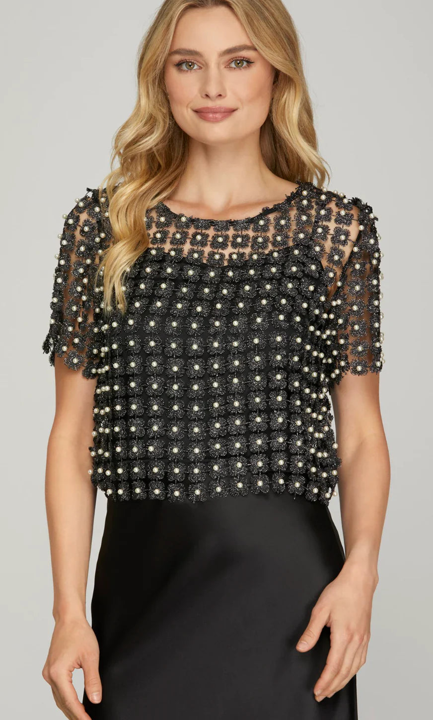 She & Sky black Lurex crochet lace top with pearl beaded detailing and feminine silhouette.