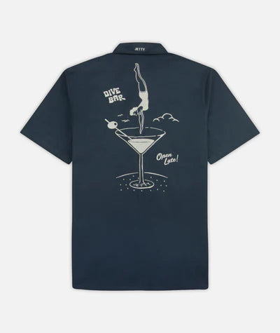 Jetty Maris Embroidered Shirt in navy with tonal embroidery and relaxed coastal‑casual fit.