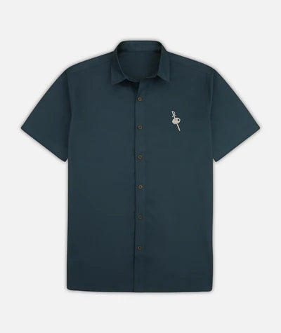 Jetty Maris Embroidered Shirt in navy with tonal embroidery and relaxed coastal‑casual fit.
