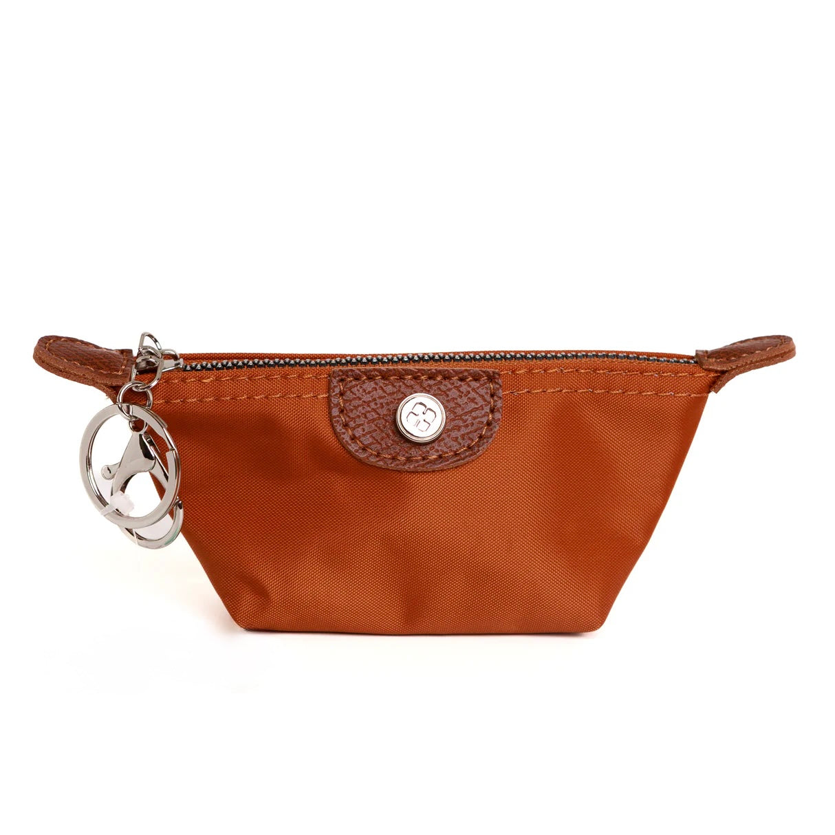 Nylon keychain with woven strap and metal clip for attaching to bags or keys.