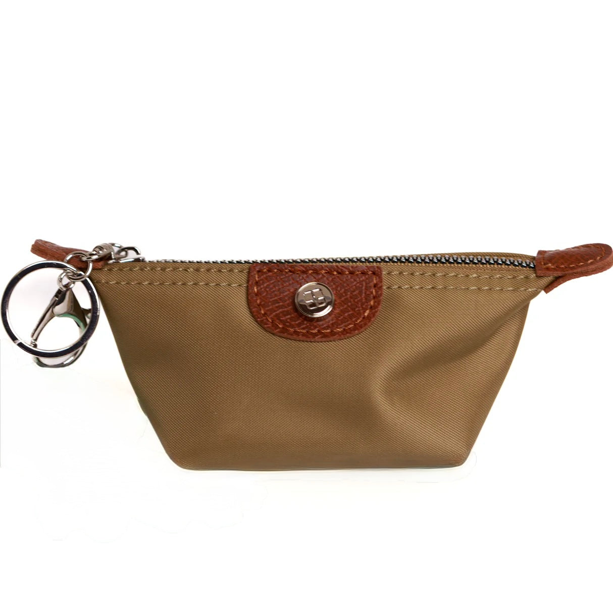 Nylon keychain with woven strap and metal clip for attaching to bags or keys.