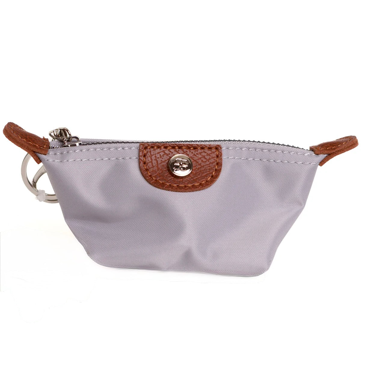Nylon keychain with woven strap and metal clip for attaching to bags or keys.
