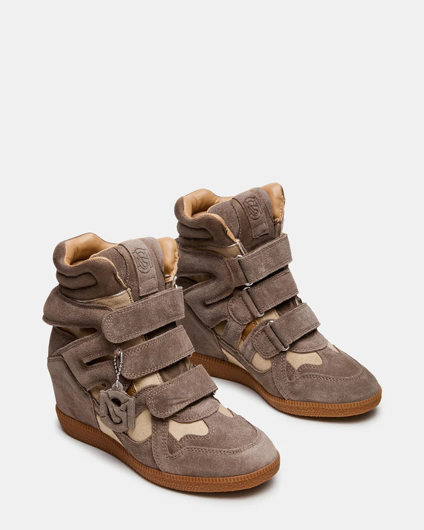 Steve Madden Mavis High Top Wedge Sneaker in Taupe with hidden wedge and stretch slip‑on design.