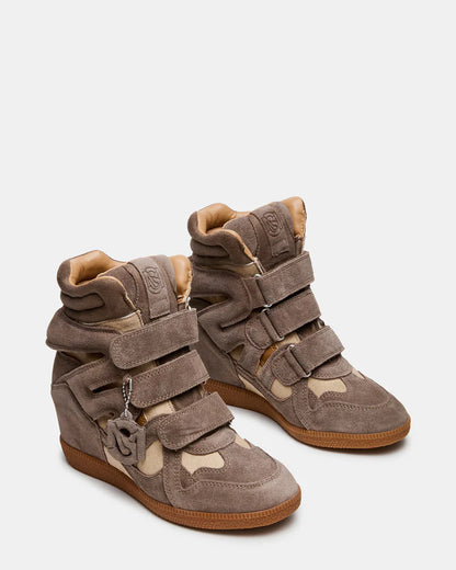 Steve Madden Mavis High Top Wedge Sneaker in Taupe with hidden wedge and stretch slip‑on design.