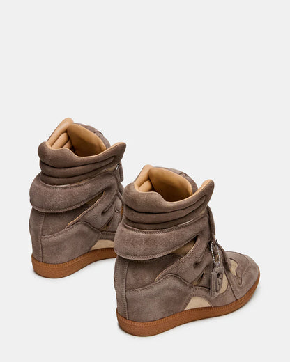 Steve Madden Mavis High Top Wedge Sneaker in Taupe with hidden wedge and stretch slip‑on design.