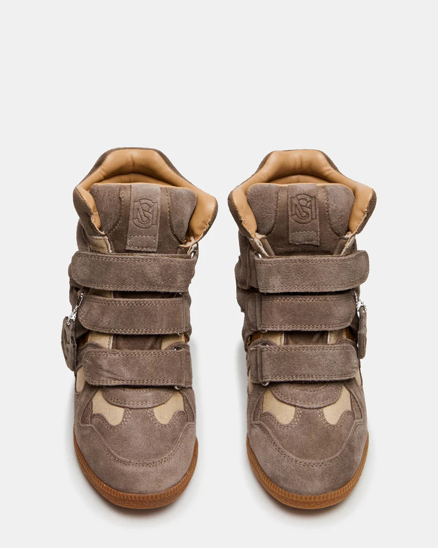 Steve Madden Mavis High Top Wedge Sneaker in Taupe with hidden wedge and stretch slip‑on design.