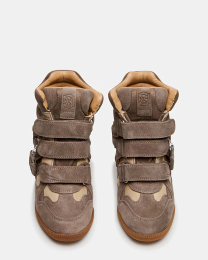 Steve Madden Mavis High Top Wedge Sneaker in Taupe with hidden wedge and stretch slip‑on design.