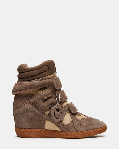 Steve Madden Mavis High Top Wedge Sneaker in Taupe with hidden wedge and stretch slip‑on design.