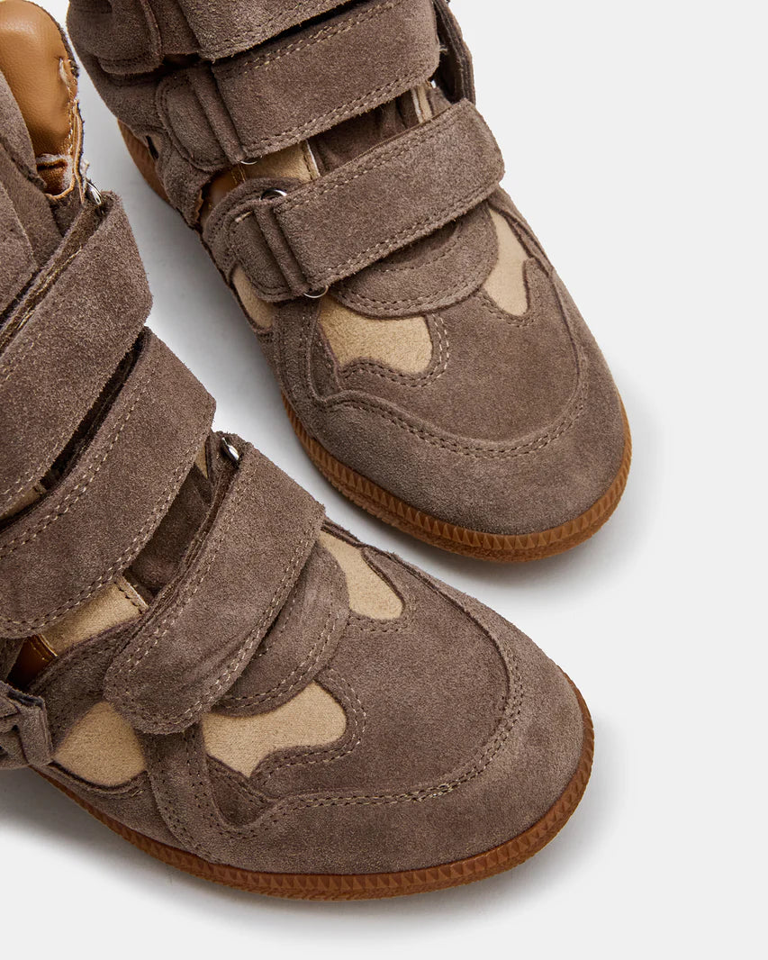 Steve Madden Mavis High Top Wedge Sneaker in Taupe with hidden wedge and stretch slip‑on design.