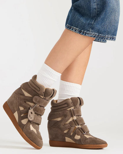 Steve Madden Mavis High Top Wedge Sneaker in Taupe with hidden wedge and stretch slip‑on design.