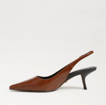 Sam Edelman Bianka Slingback Pump in brown with pointed toe and block heel.