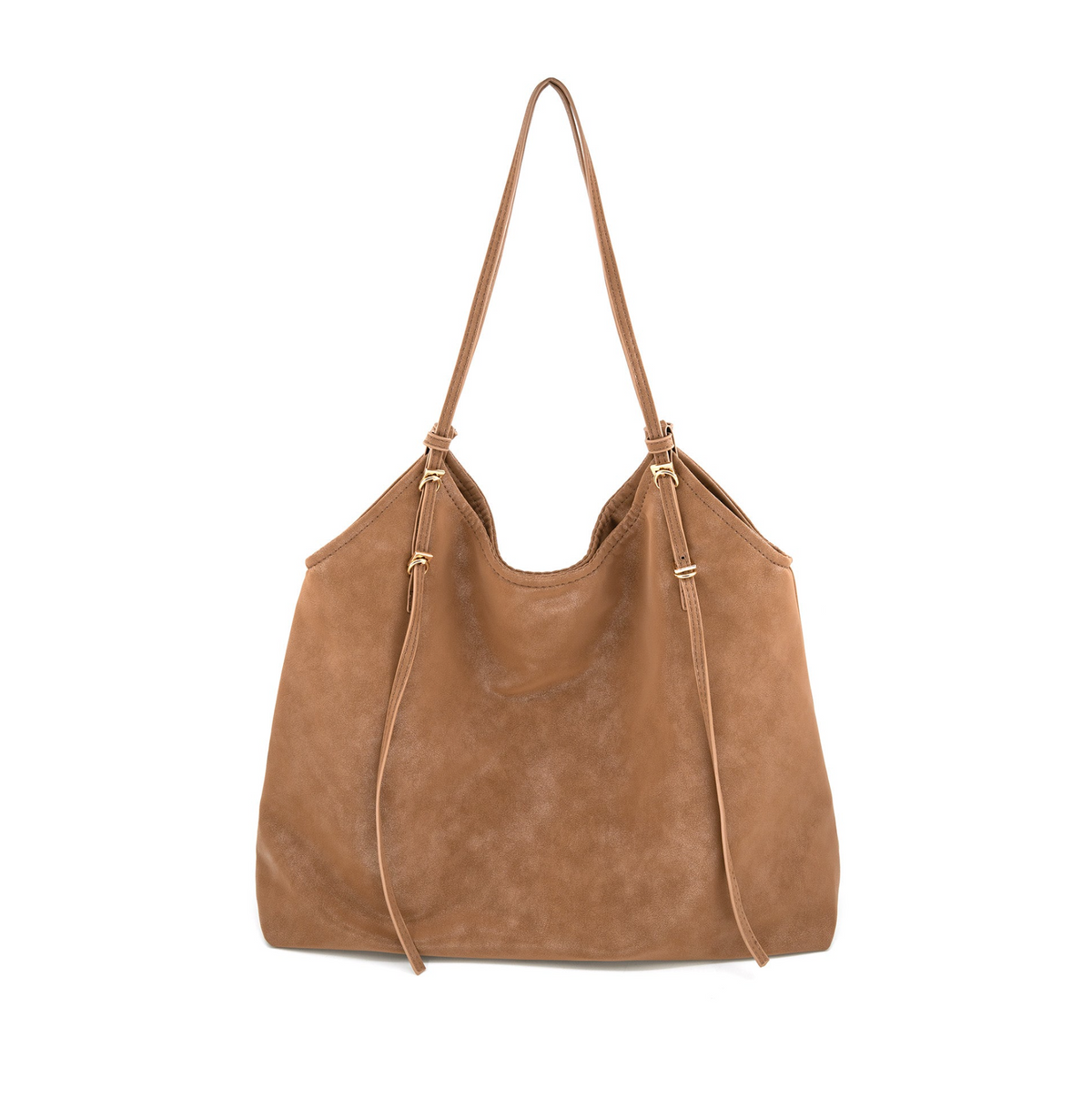 A tan suede hobo-style shoulder bag with drawstring details and gold-tone hardware, shown against a plain white background.