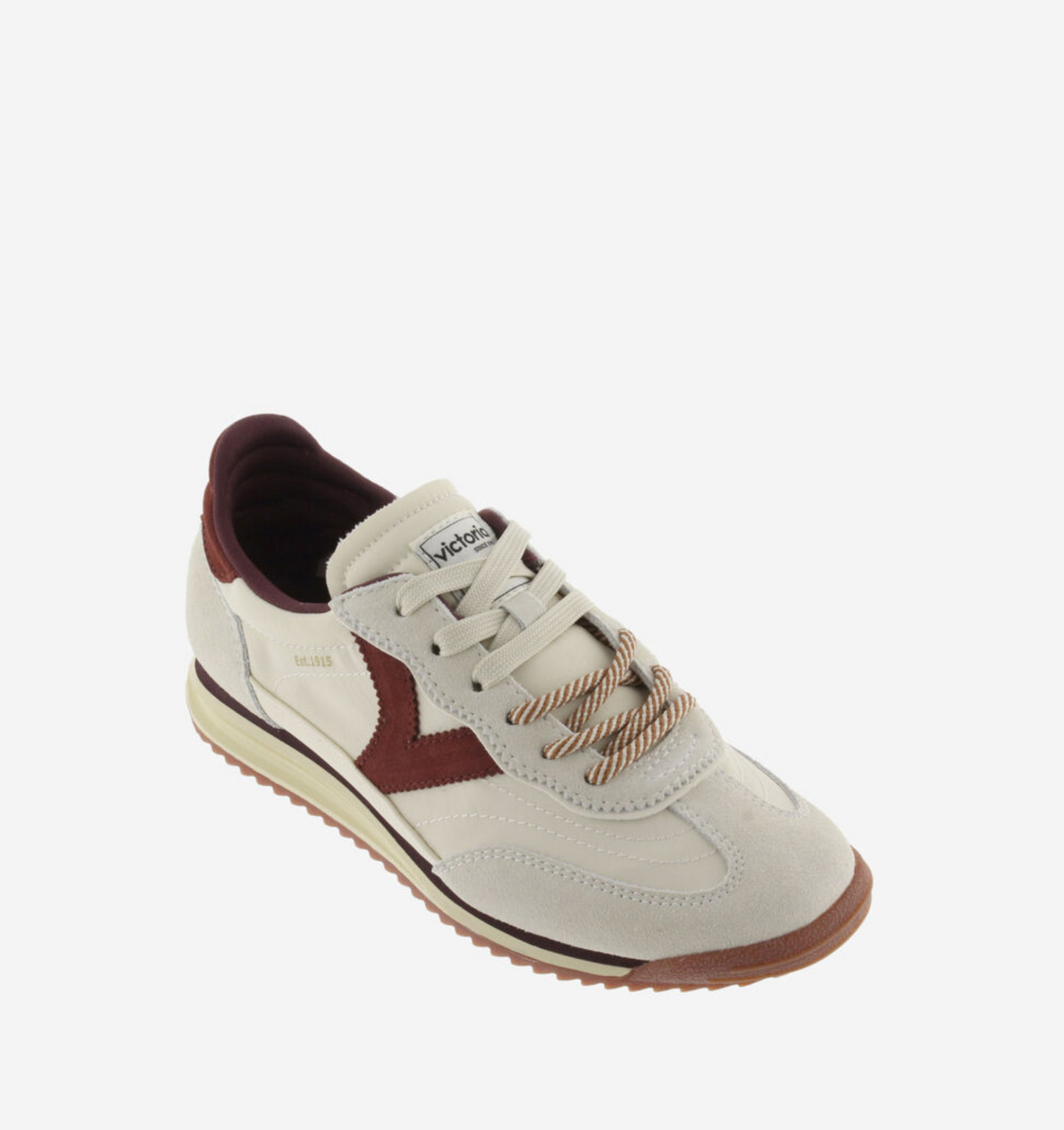 Victoria Saturno Sneaker in cream with nylon‑suede upper and retro runner silhouette.
