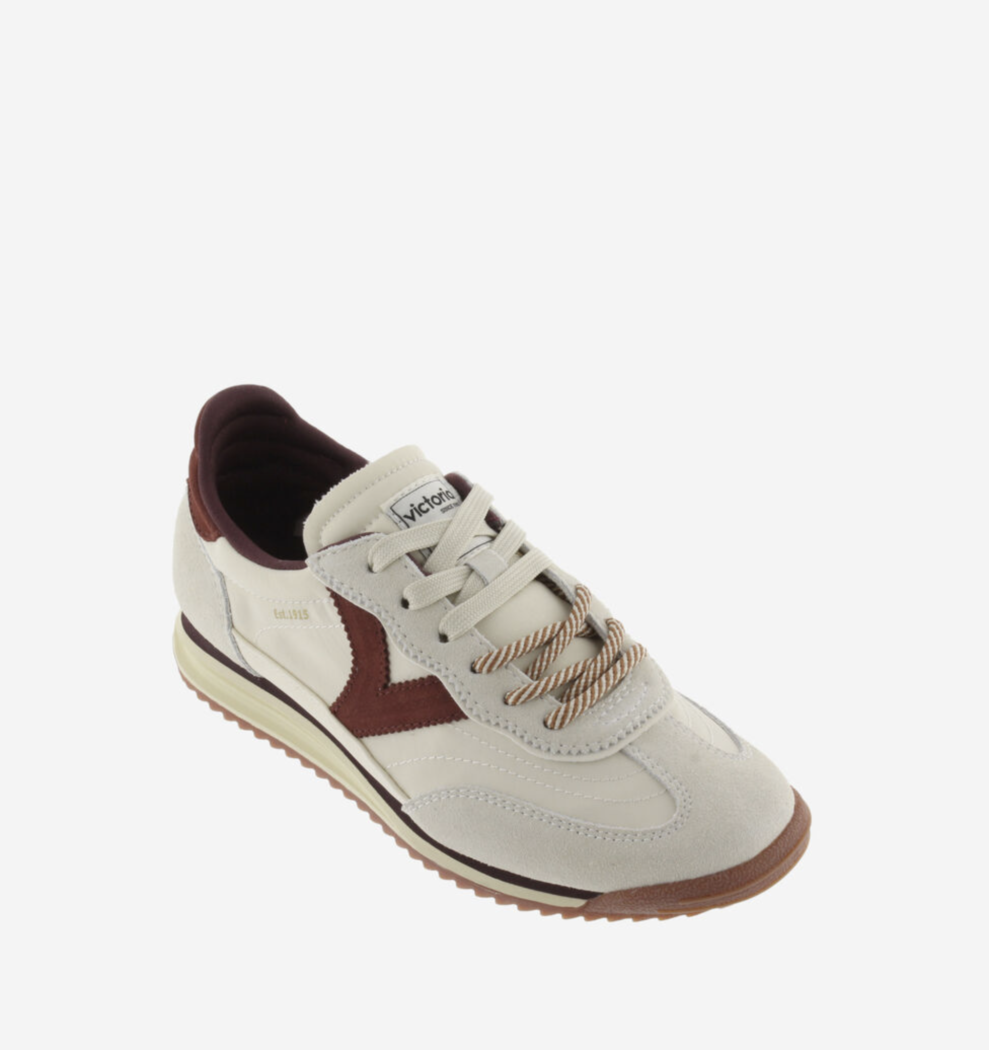 Victoria Saturno Sneaker in cream with nylon‑suede upper and retro runner silhouette.