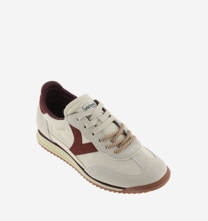 Victoria Saturno Sneaker in cream with nylon‑suede upper and retro runner silhouette.