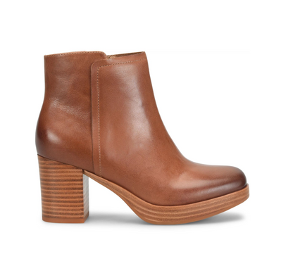 A single Sofft Kendall  brown leather ankle boot with a stacked wood-look block heel and platform sole, shown in a side profile on a white background.