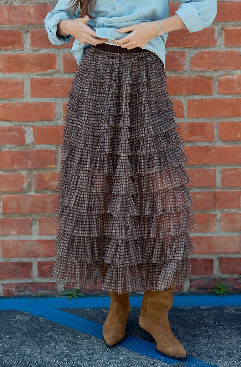 Plaid Mesh Ruffle Maxi Skirt
