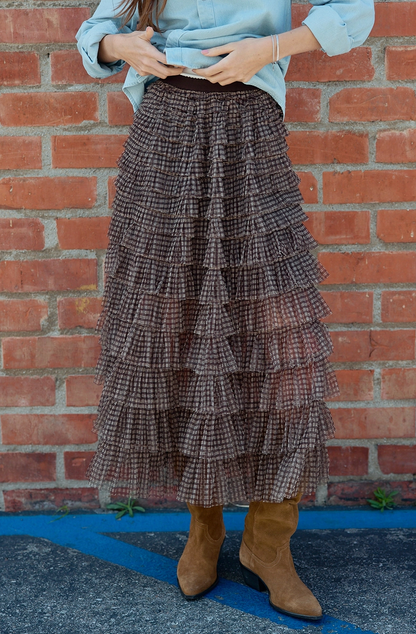 Plaid Mesh Ruffle Maxi Skirt