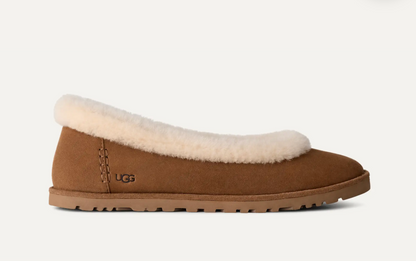 A single brown suede UGG ballet flat with a cream shearling lining, shown in profile against a light off-white background.
