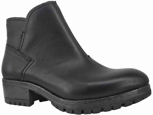A black leather Salvia Cally ankle boot with a chunky block heel and a rugged, treaded outsole, shown from a side profile on a white background.