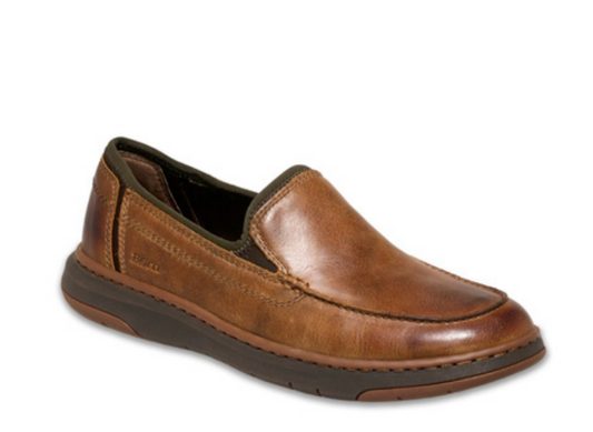 A brown leather slip-on loafer shoe with a dark brown sole, shown from a three-quarters angle on a white background.