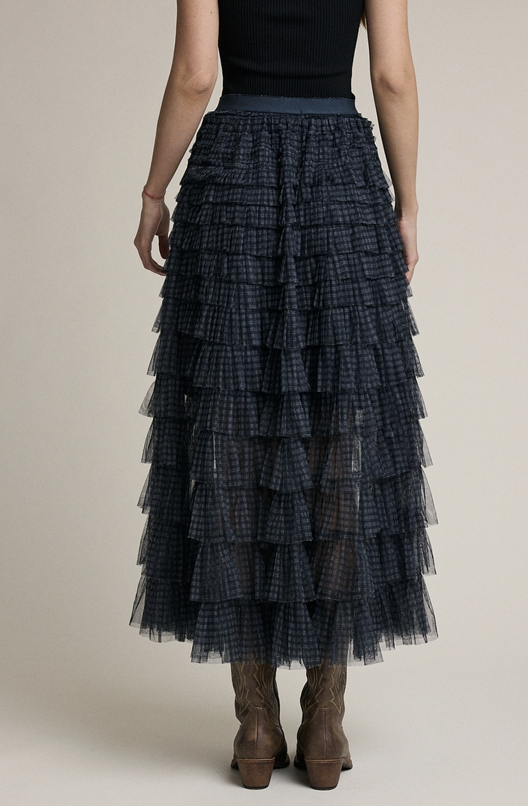 Plaid Mesh Ruffle Maxi Skirt