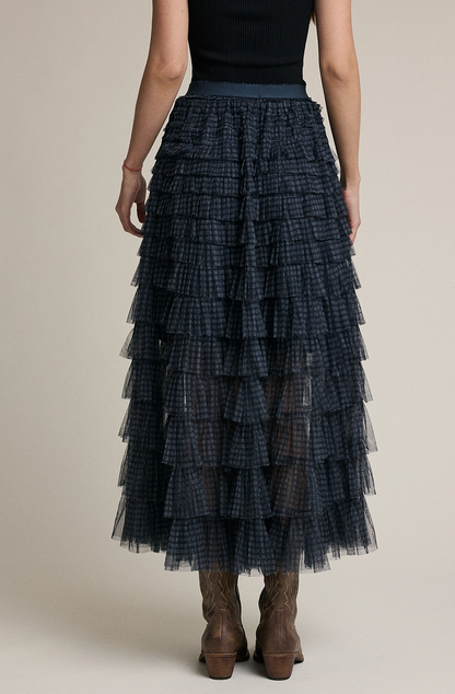 Plaid Mesh Ruffle Maxi Skirt