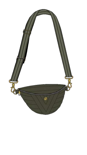 A Think Royln olive green crescent-shaped crossbody bag with a matching shoulder strap, gold-tone hardware, and a small gold logo on the front, shown against a plain white background.