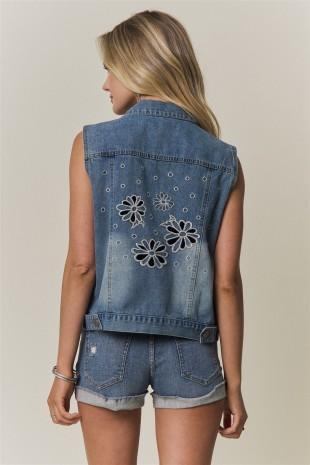 Floral Embroidered Denim Vest