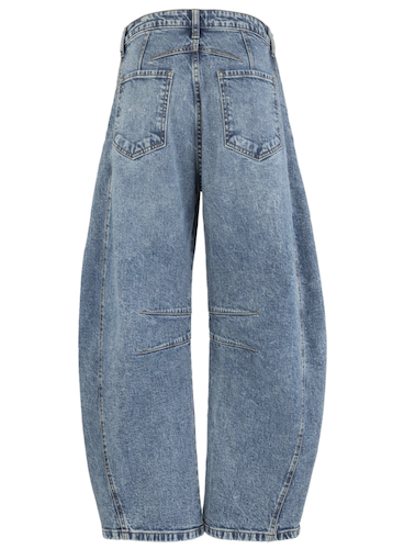 Wide-leg light blue denim jeans shown from the back, featuring a faded wash, classic rear pockets, and diagonal patch pockets on the upper legs.