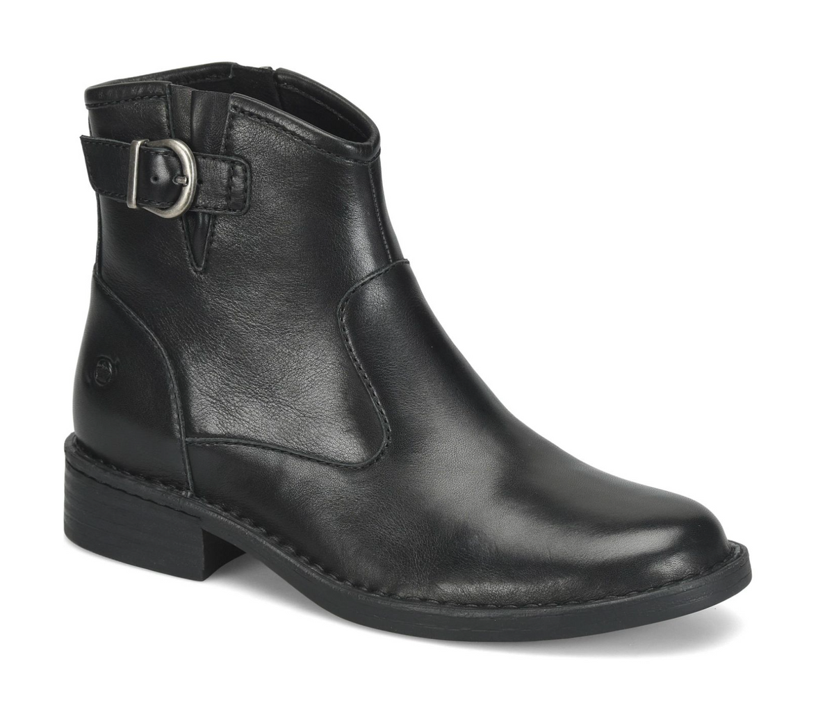 A single black leather Born Charlie ankle boot with a side buckle strap, shown from a three-quarters angle on a white background.