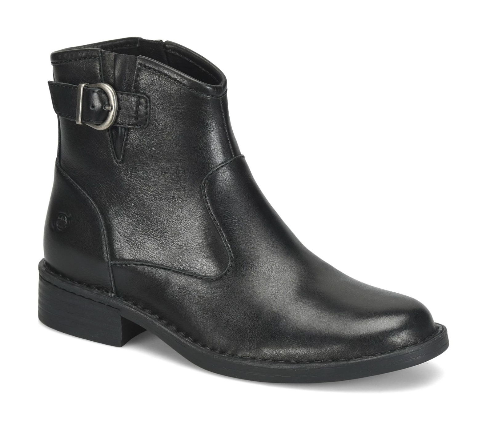 A single black leather Born Charlie ankle boot with a side buckle strap, shown from a three-quarters angle on a white background.