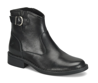 A single black leather Born Charlie ankle boot with a side buckle strap, shown from a three-quarters angle on a white background.