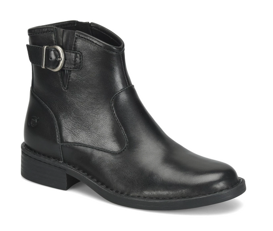 A single black leather Born Charlie ankle boot with a side buckle strap, shown from a three-quarters angle on a white background.