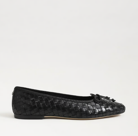 Sam Edelman Ruthie Woven Ballet Flat in black  with two‑tone woven upper and rounded ballet silhouette.