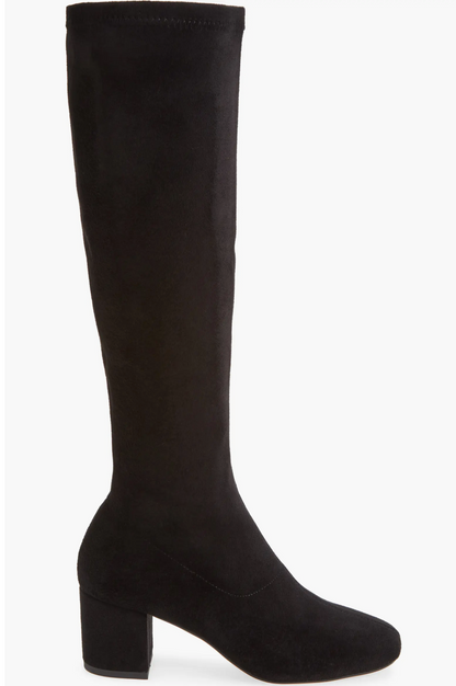 A single black Silent D Comess knee-high boot with a block heel, shown in side profile against a plain white background.