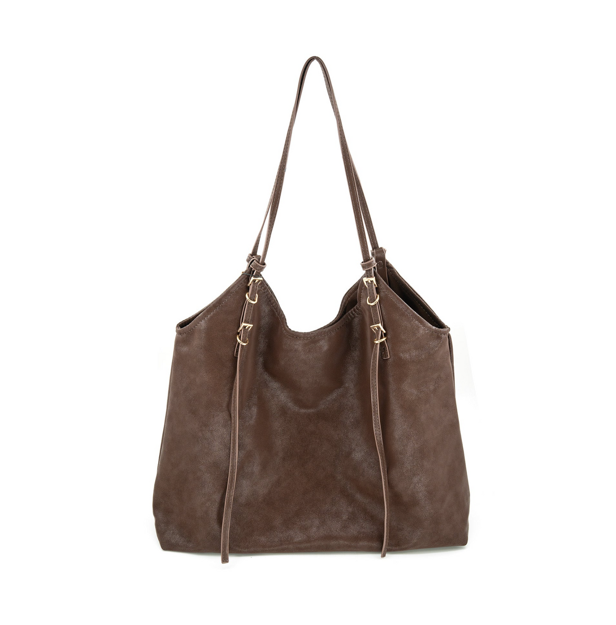 A brown suede-like slouchy tote bag with double shoulder straps and gold-tone hardware, shown against a plain white background.