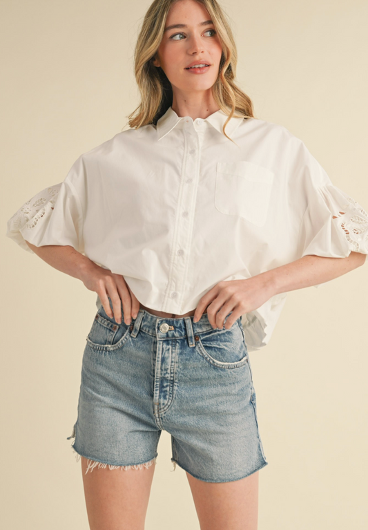 Embroidered Bubble Sleeve Top