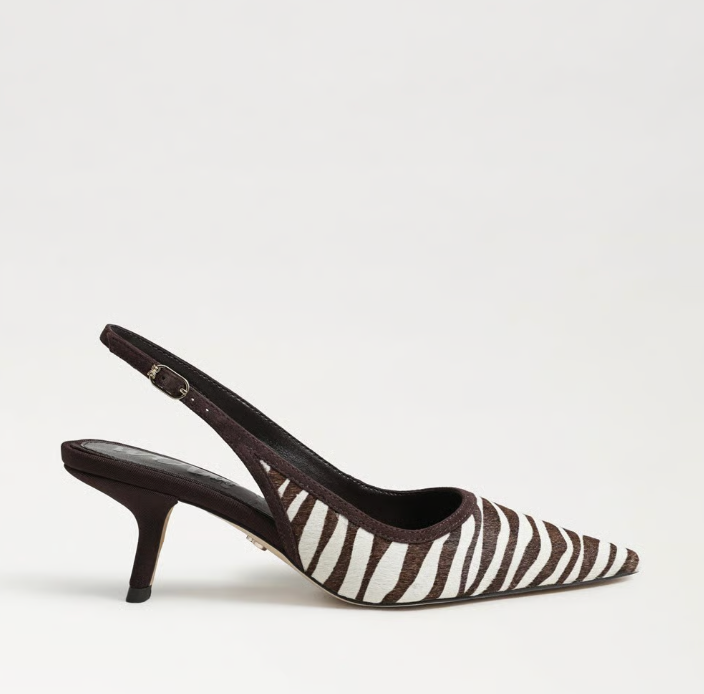 Sam Edelman Bianka Slingback Pump in chocolate/ivory zebra print with pointed toe and block heel.