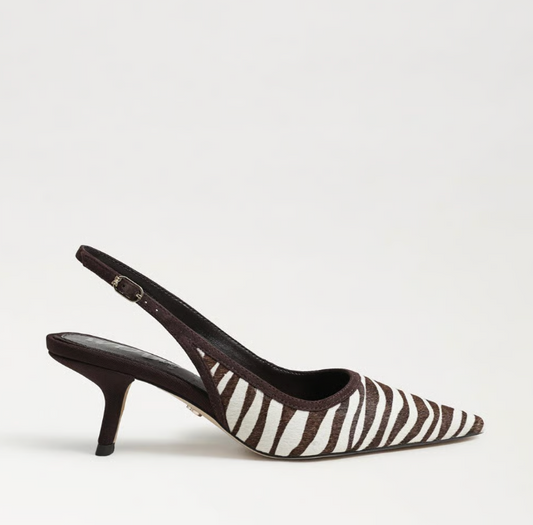 Sam Edelman Bianka Slingback Pump in chocolate/ivory zebra print with pointed toe and block heel.