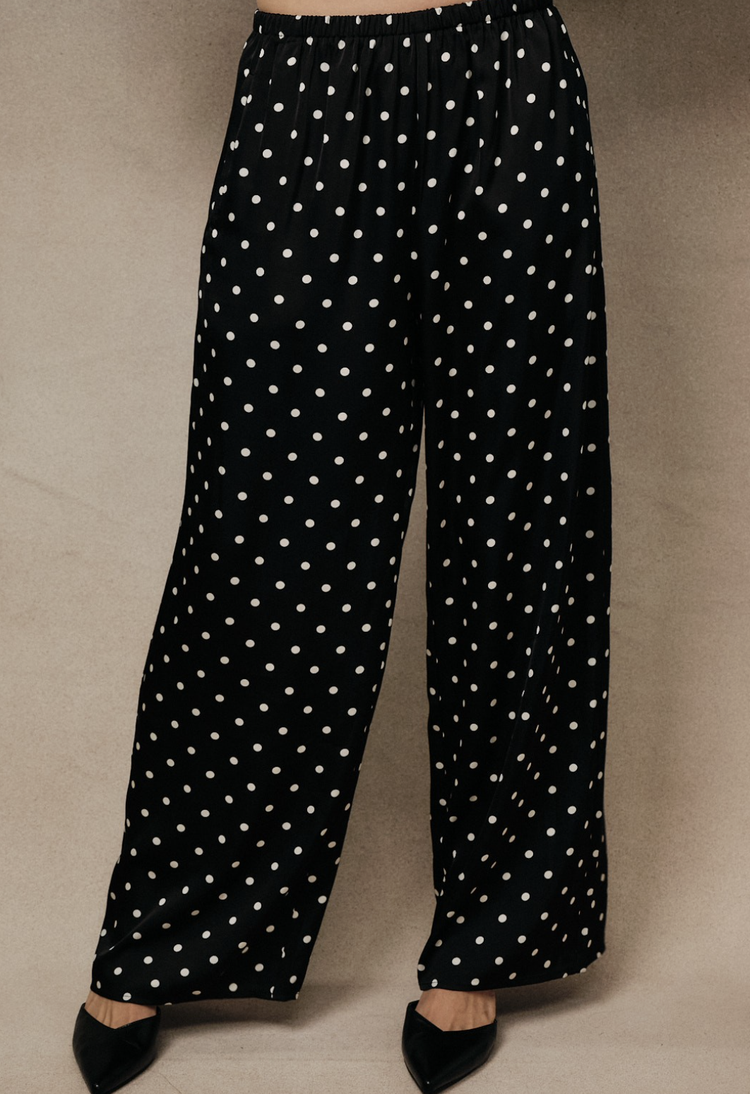 Sunday Edition black satin with white polka dot wide‑leg pants with pull‑on waistband.