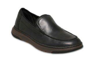 A black leather slip-on loafer shoe with a dark brown sole, shown from a three-quarters angle on a plain white background.