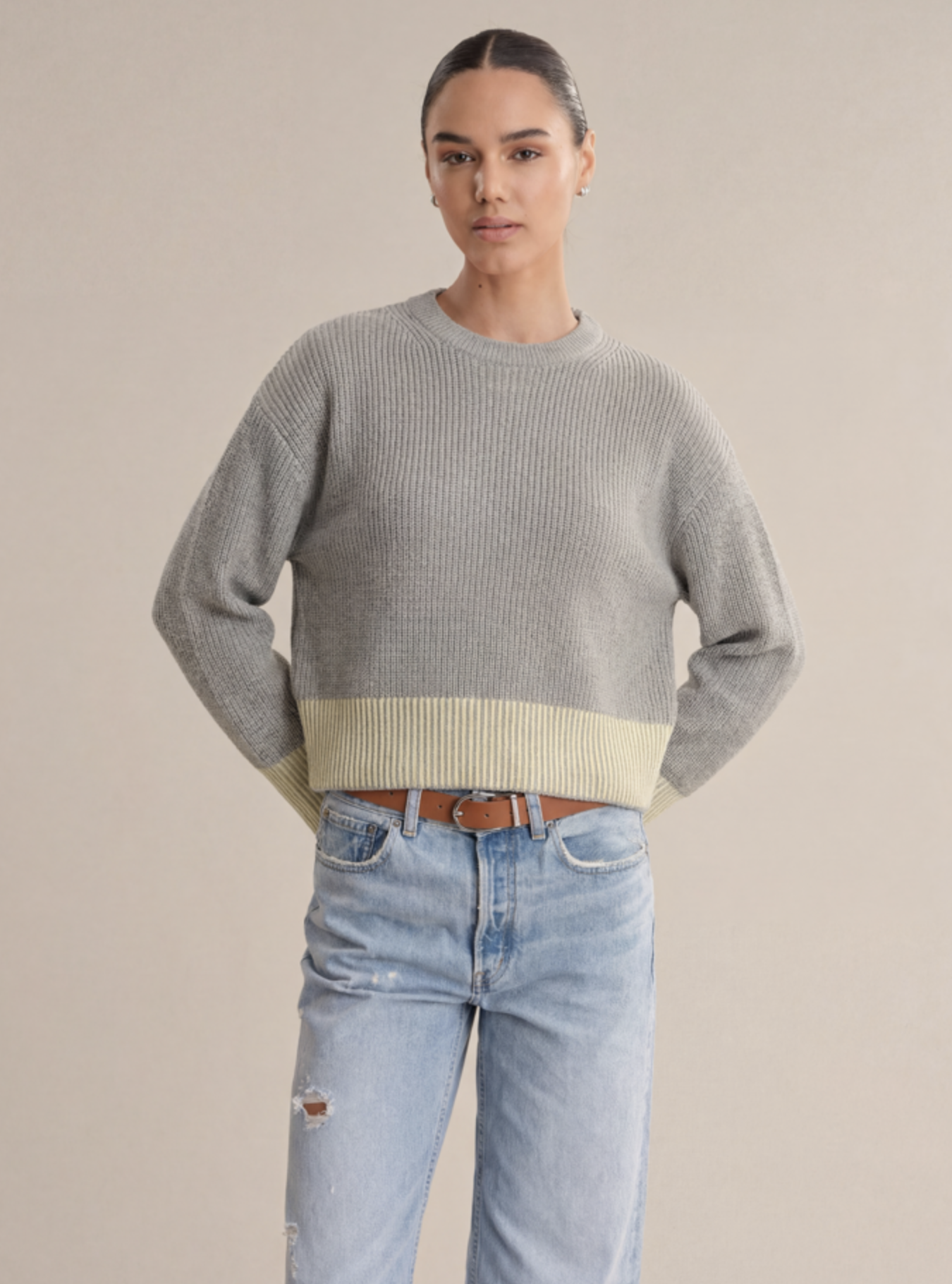 Gray Pearl Combo ribbed pullover with fine knit texture and feminine drape.
