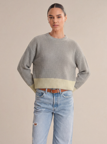 Gray Pearl Combo ribbed pullover with fine knit texture and feminine drape.